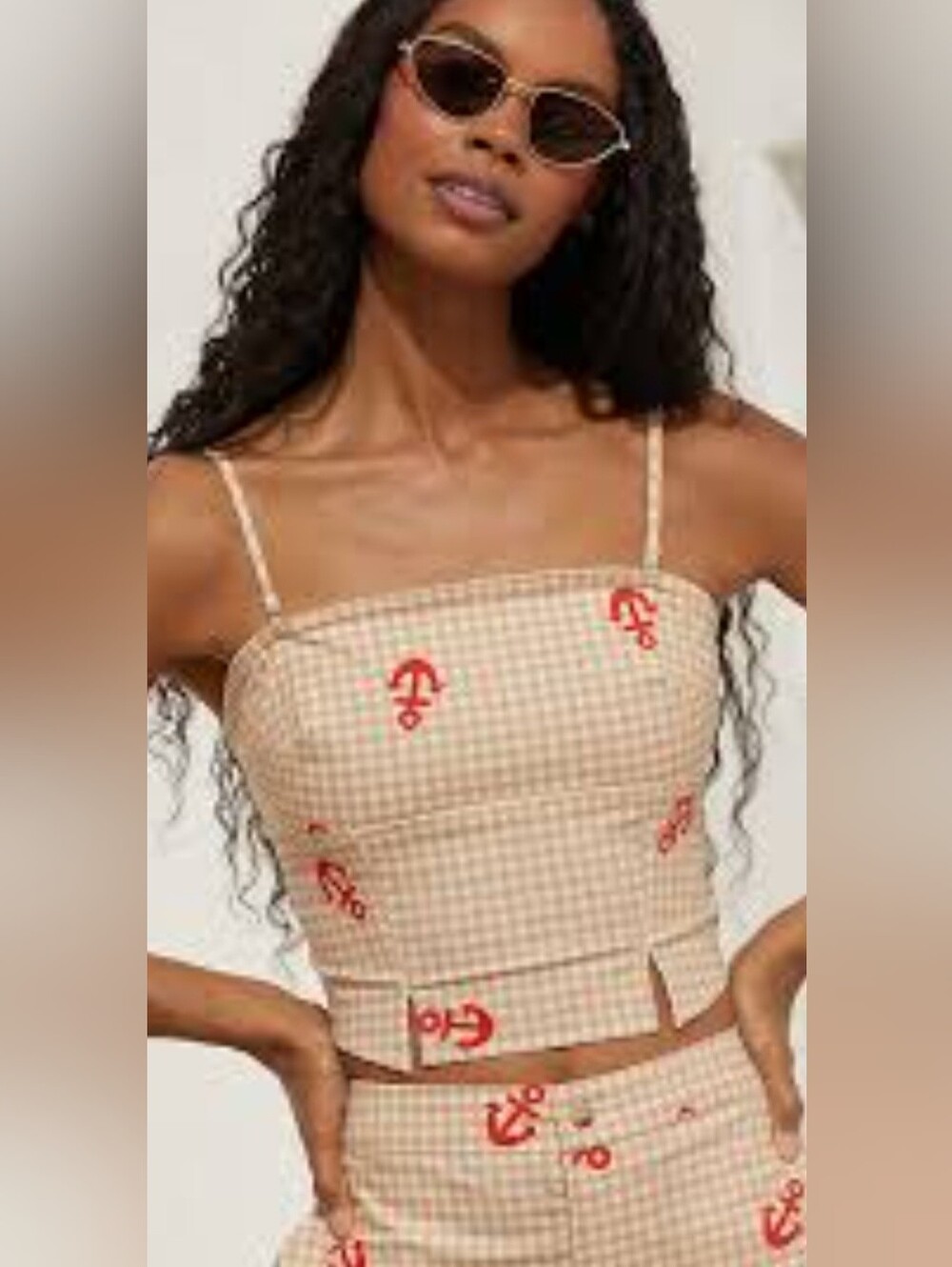 Celandine Smocked Gingham Tube Top Tank Large Beige Red Anchor Nautical Preppy